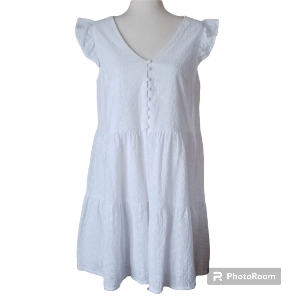 Joie white Mini dress vneck Short Sleeve embroidery Ruffles tiered Eyelet  sz L